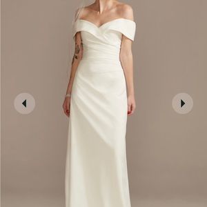 Brand New w/tags Crepe off-the-shoulder Sheath Wedding Dress, soft white, sz 14
